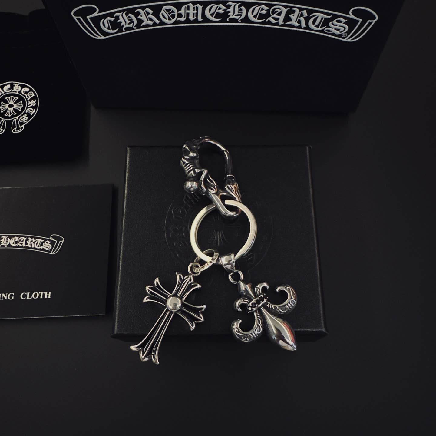 Chrome Hearts Silver Keychain with Cross and Fleur-de-lis Charms